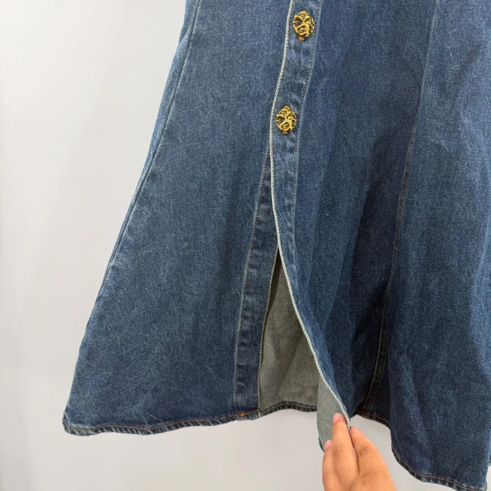 Urban Revivo Blue Denim Maxi Skirt Gold Ornate Button Front A-Line NWT Size US 2 - Picture 9 of 10